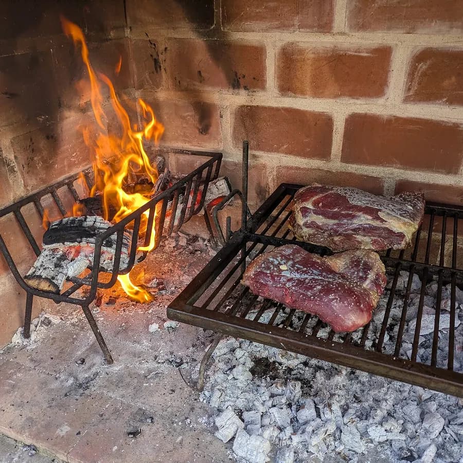 Wood fire and meat on a brick grill