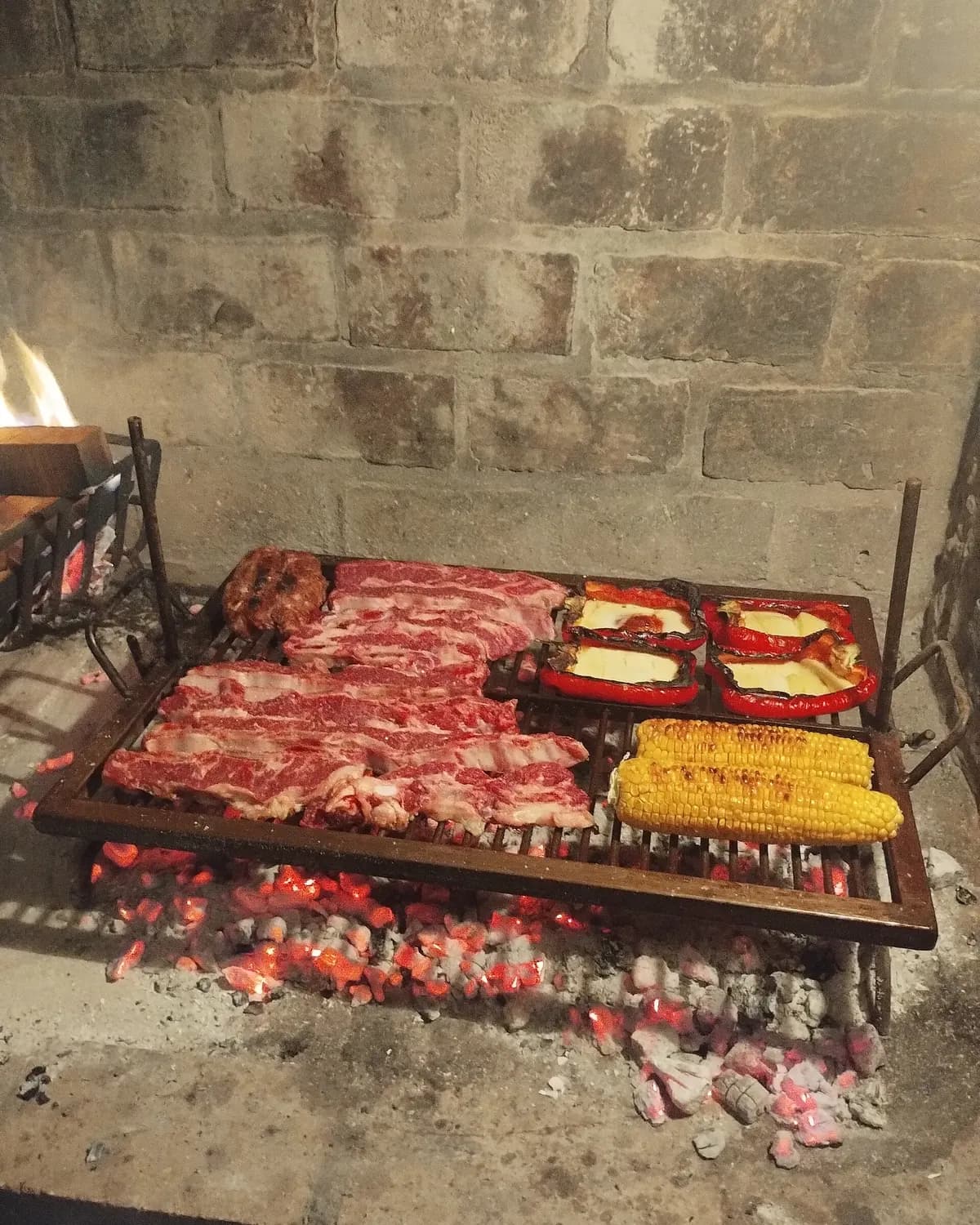 Cuts of meat on a grill over embers